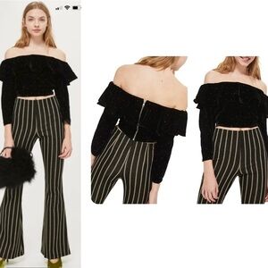 TOPSHOP black velvet ruffle frill polkadot crop top Sz 4